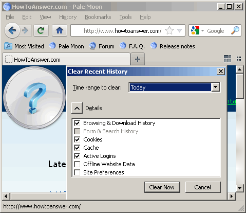 Clear Recent History in Pale Moon