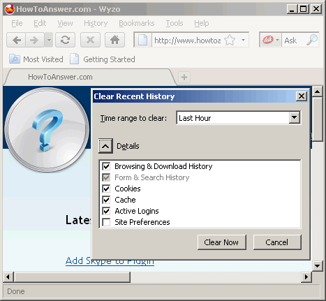 Clear Recent History in Wyzo
